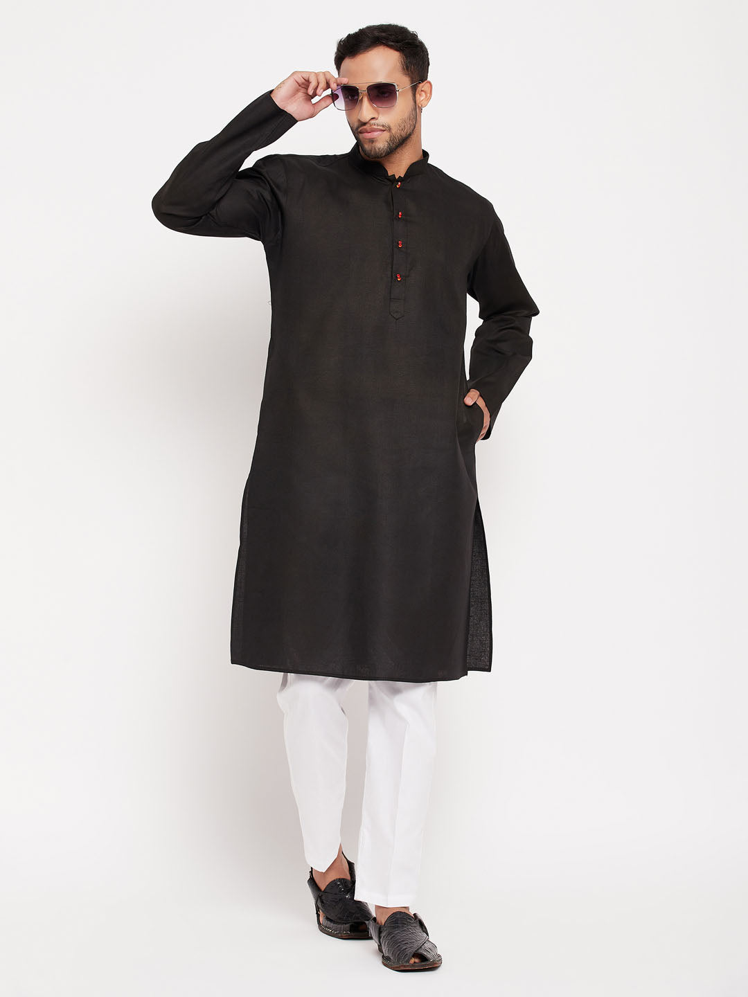 Men's Black And White Cotton Kurta Pyjama Set