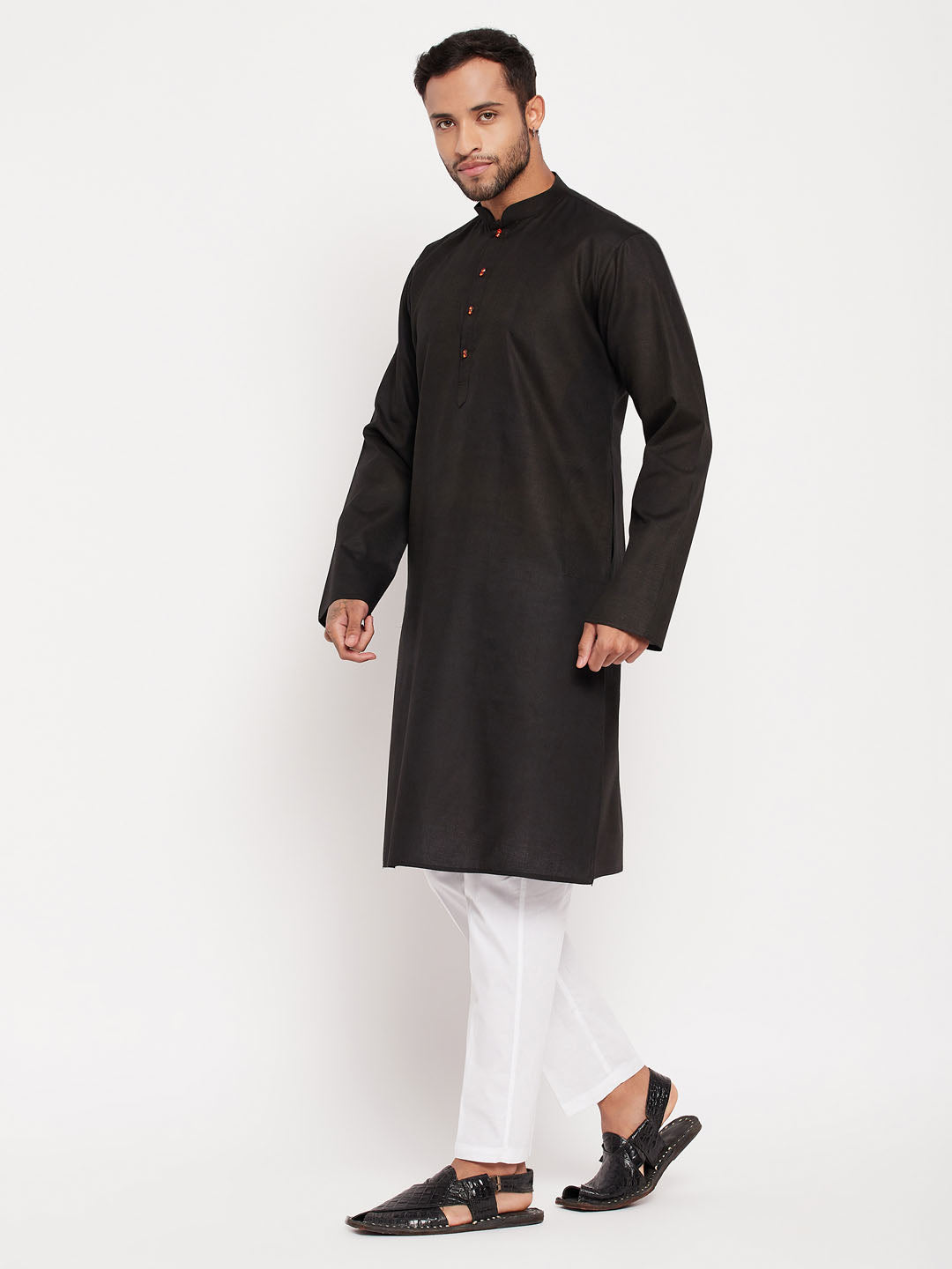 Men's Black And White Cotton Kurta Pyjama Set