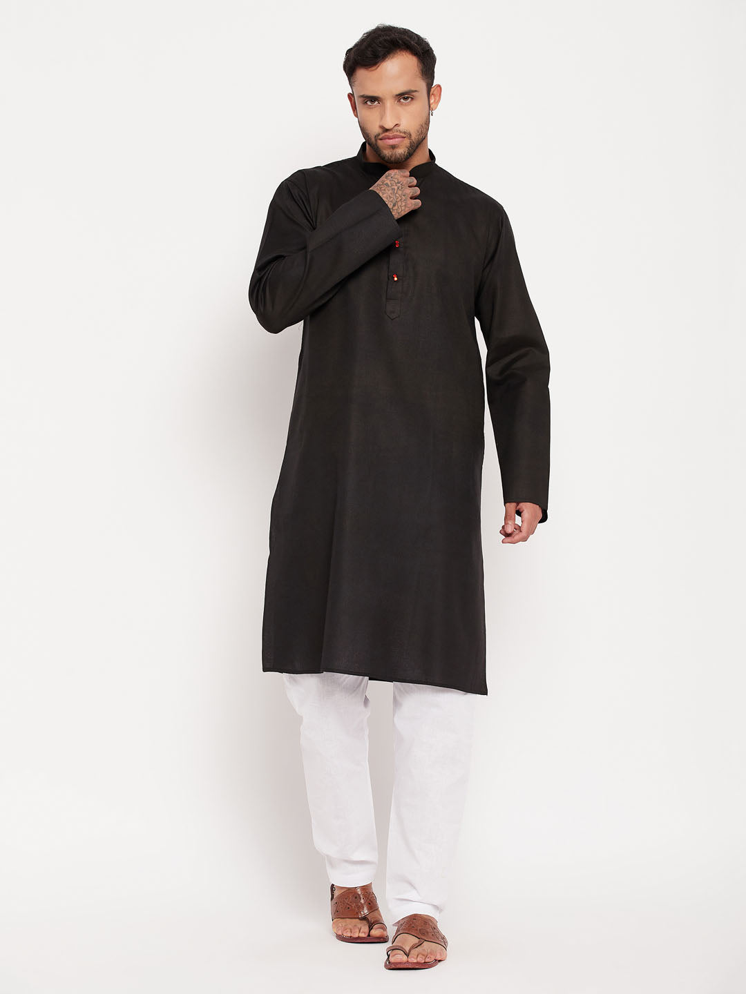 Men's Black And White Cotton Kurta Pyjama Set