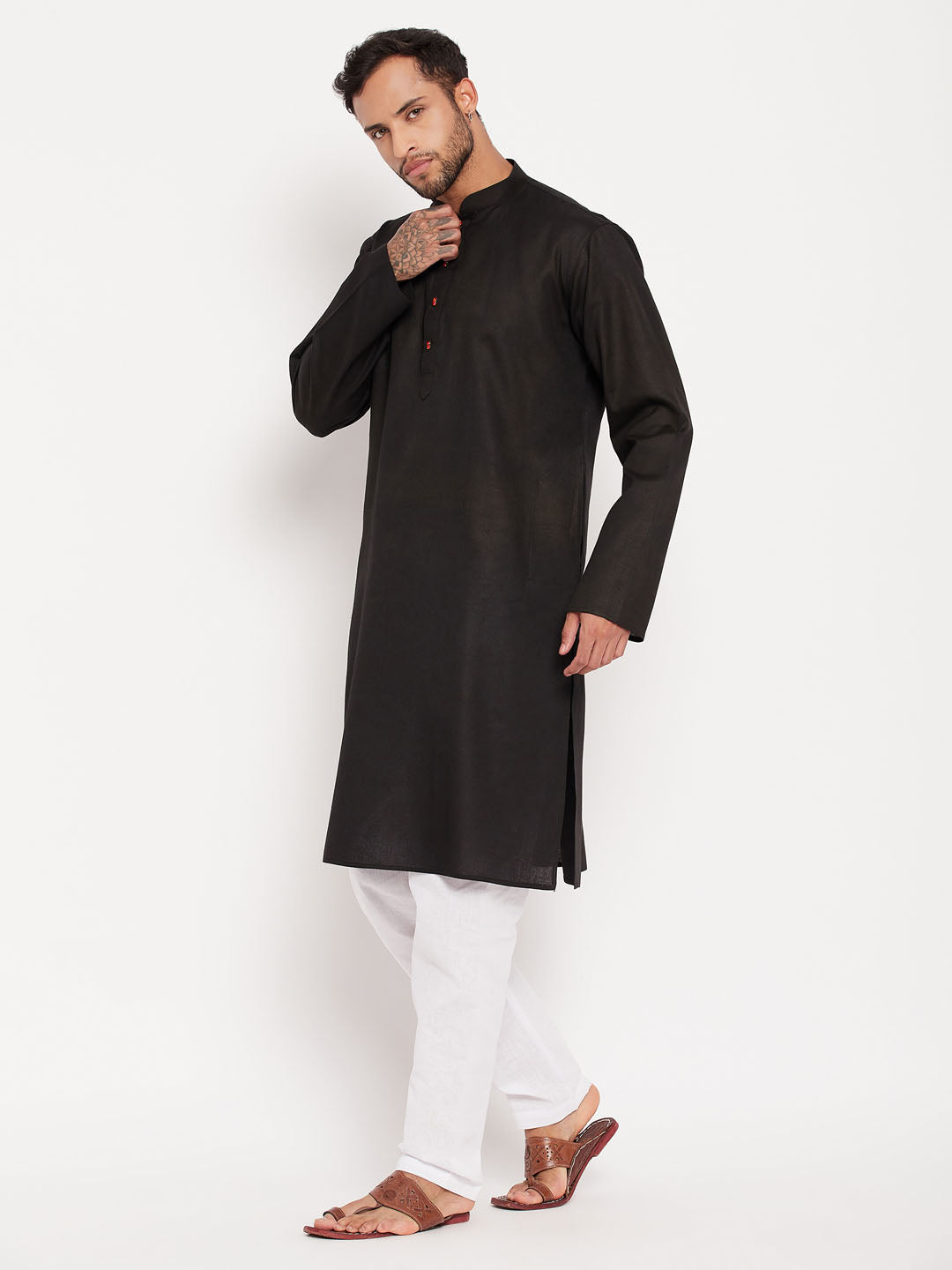 Men's Black And White Cotton Kurta Pyjama Set