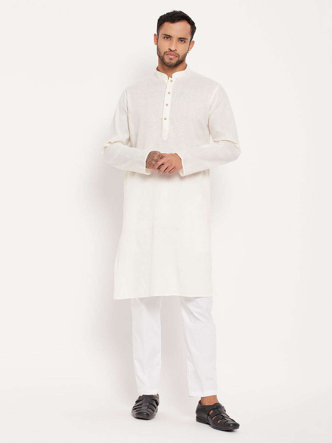 Men's Cream And White Cotton Kurta Pyjama Set