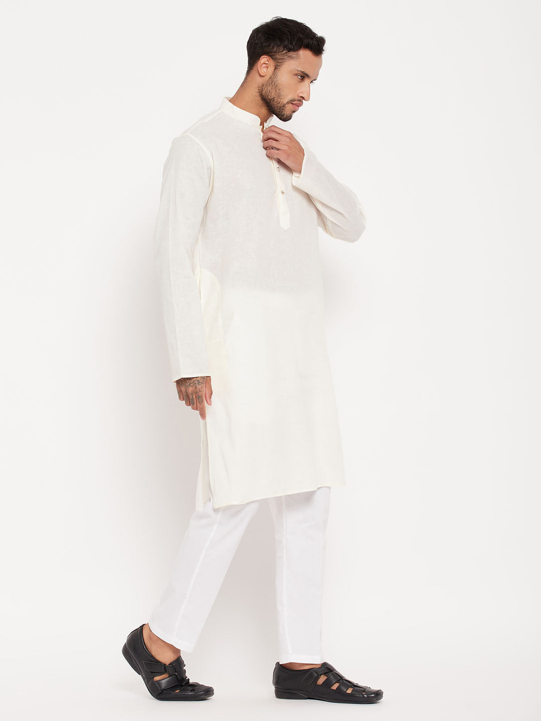 Men's Cream And White Cotton Kurta Pyjama Set