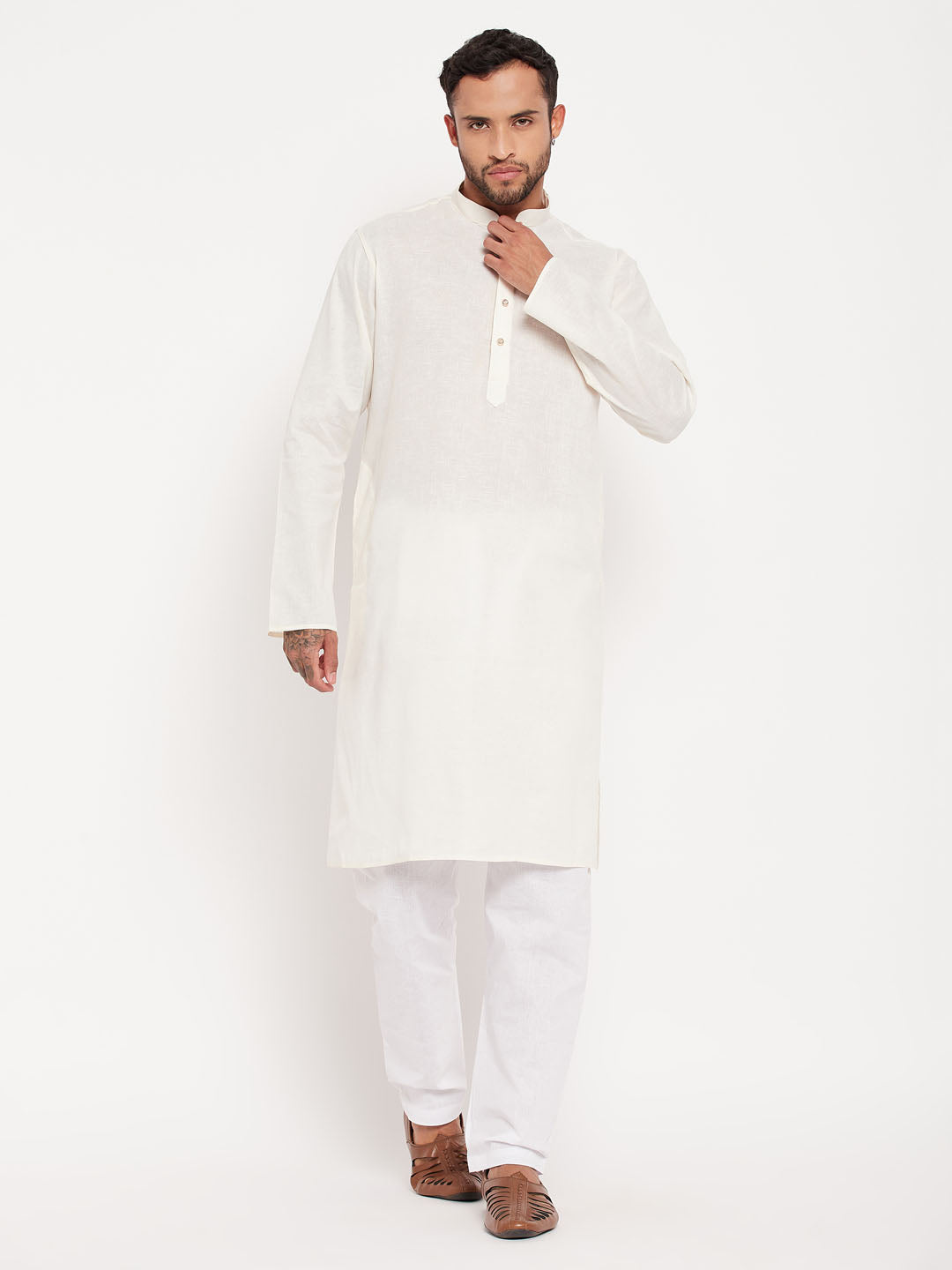 Men's Cream And White Cotton Kurta Pyjama Set