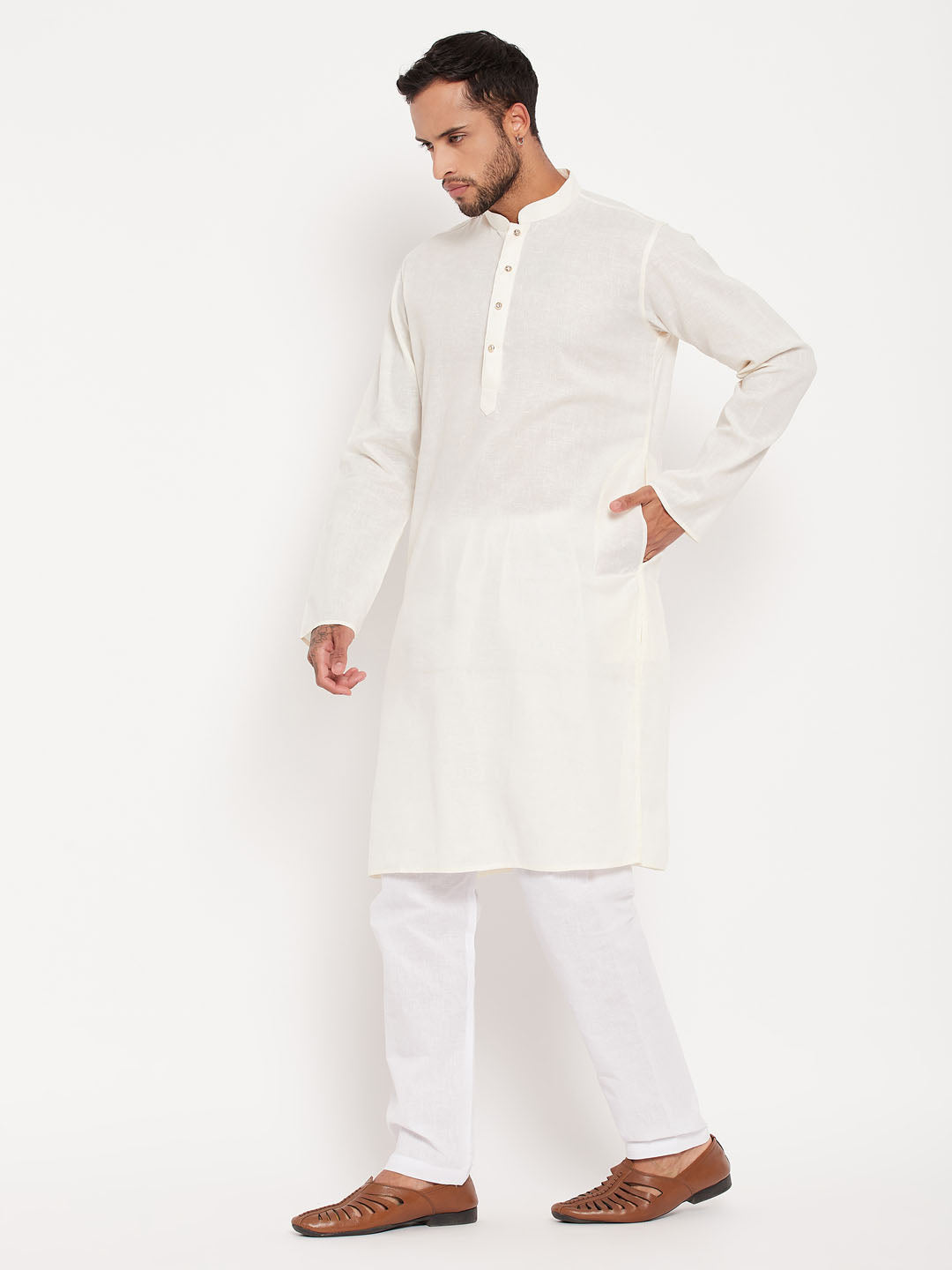 Men's Cream And White Cotton Kurta Pyjama Set