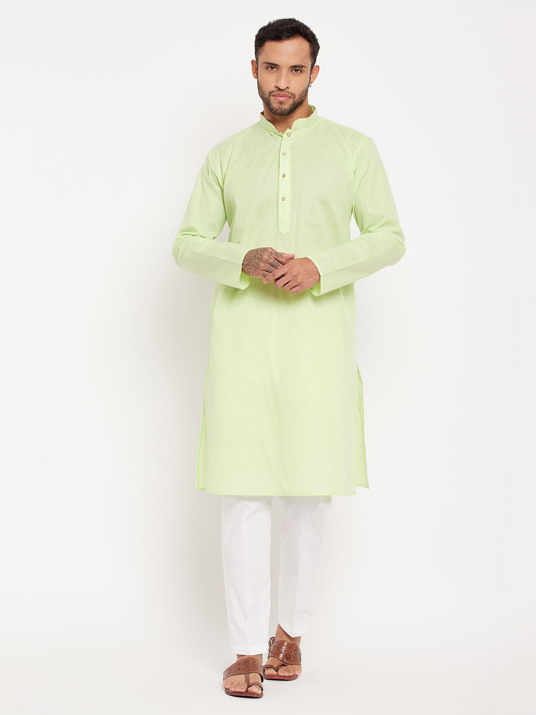 Men's Green And White Cotton Kurta Pyjama Set