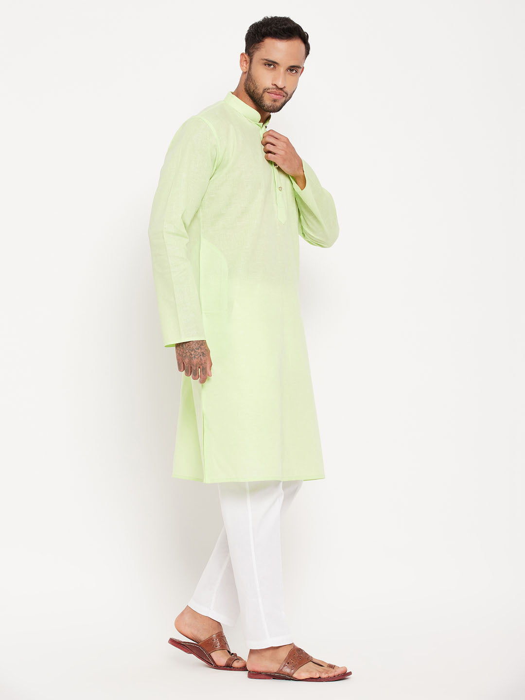 Men's Green And White Cotton Kurta Pyjama Set