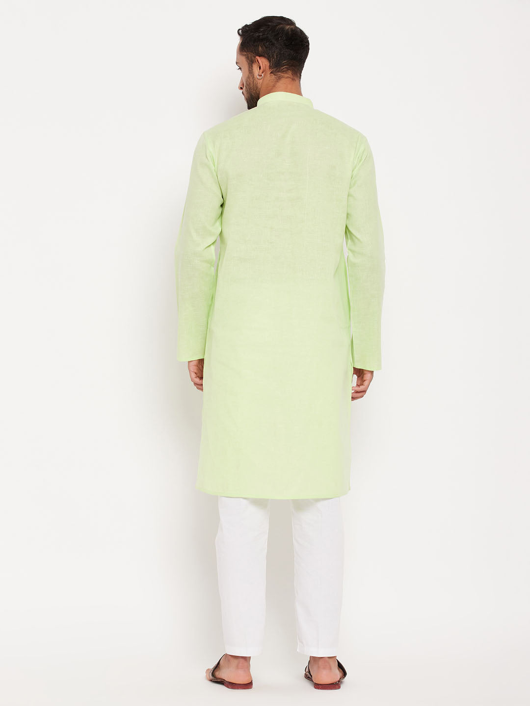 Men's Green And White Cotton Kurta Pyjama Set