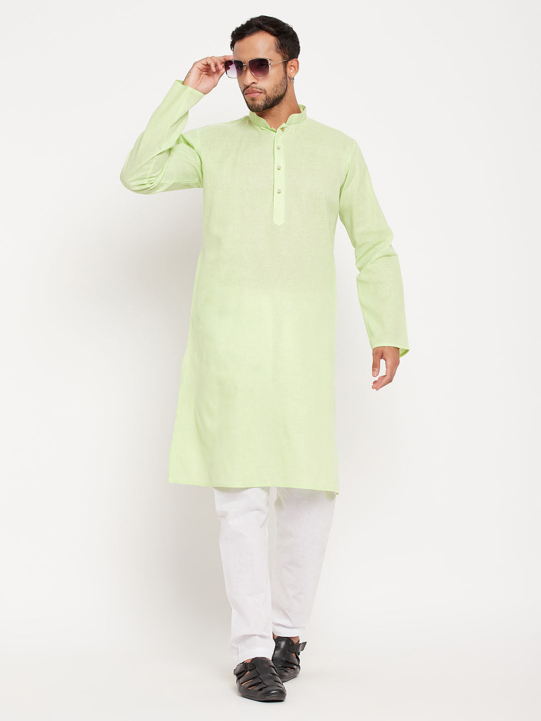 Men's Green And White Cotton Kurta Pyjama Set