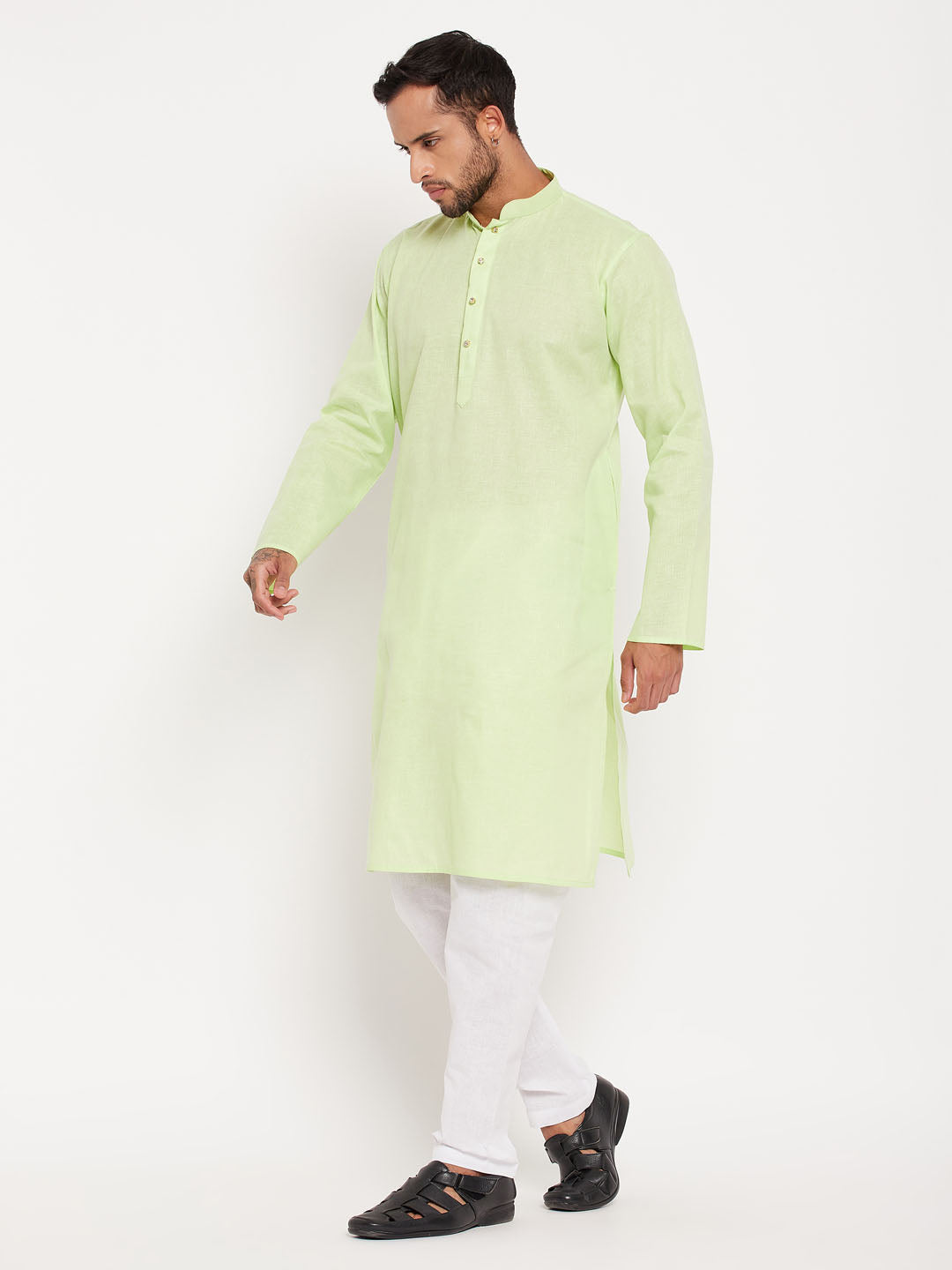 Men's Green And White Cotton Kurta Pyjama Set