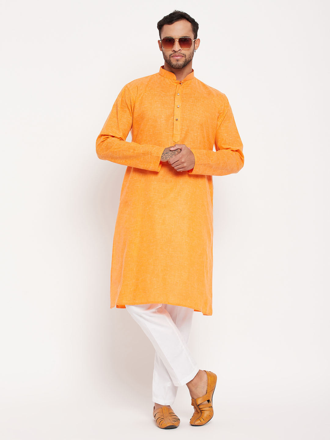 Men's Orange And White Cotton Kurta Pyjama Set