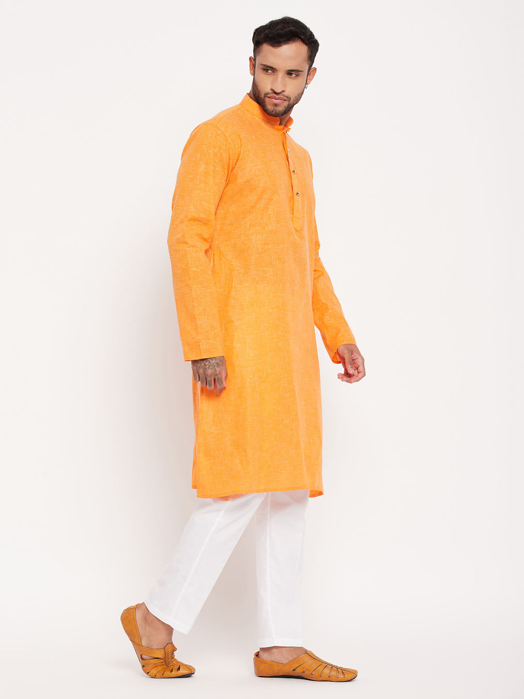 Men's Orange And White Cotton Kurta Pyjama Set