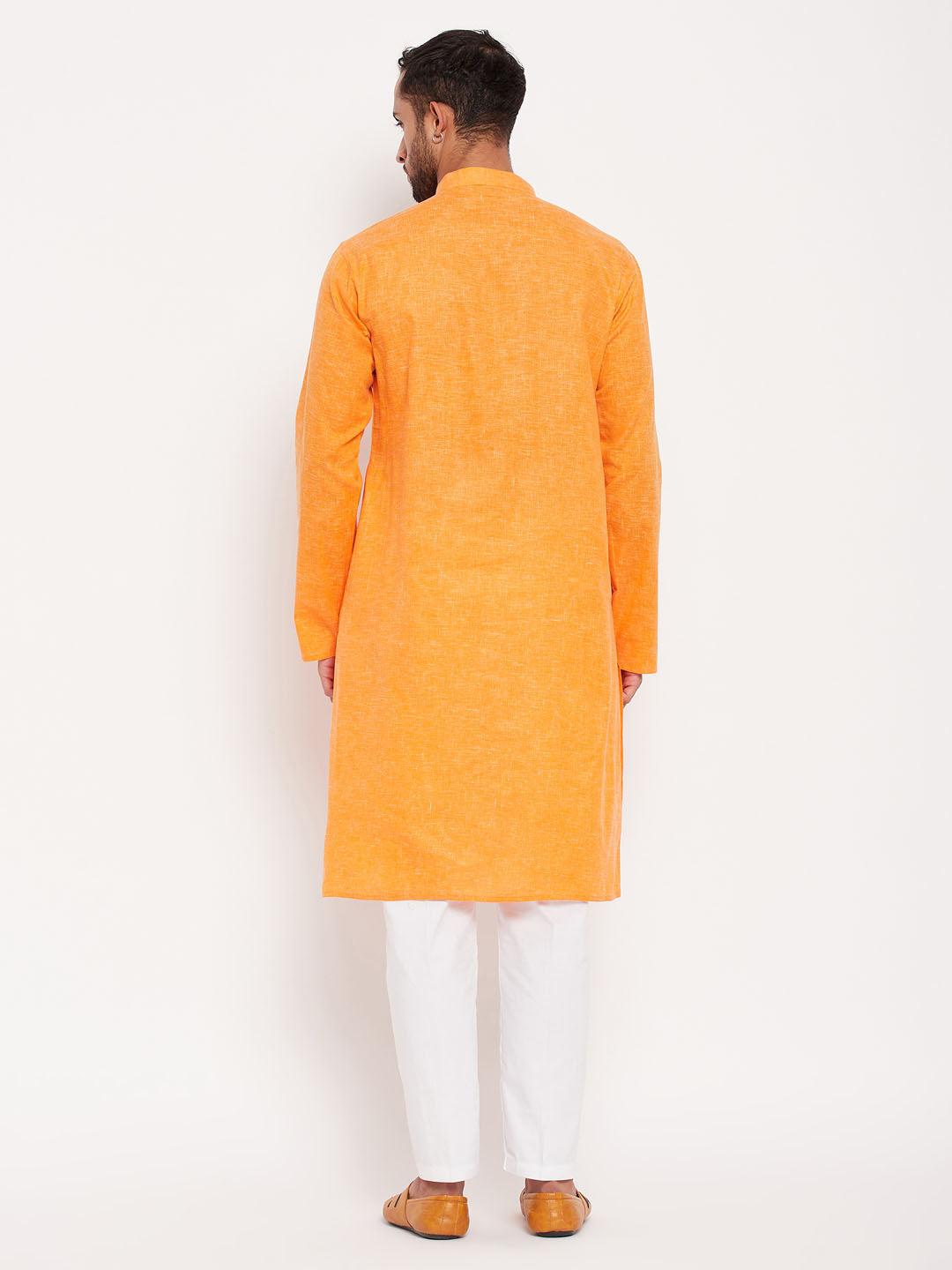 Men's Orange And White Cotton Kurta Pyjama Set