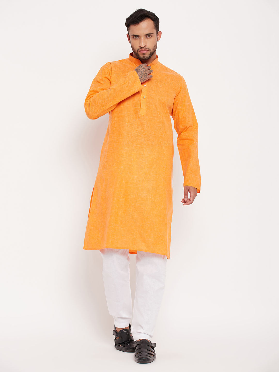 Men's Orange And White Cotton Kurta Pyjama Set