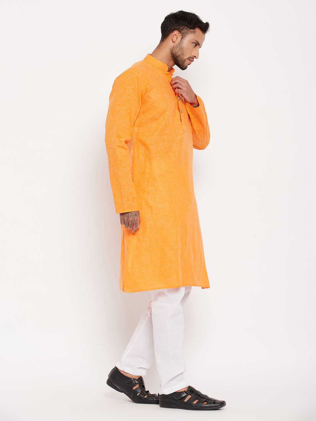 Men's Orange And White Cotton Kurta Pyjama Set