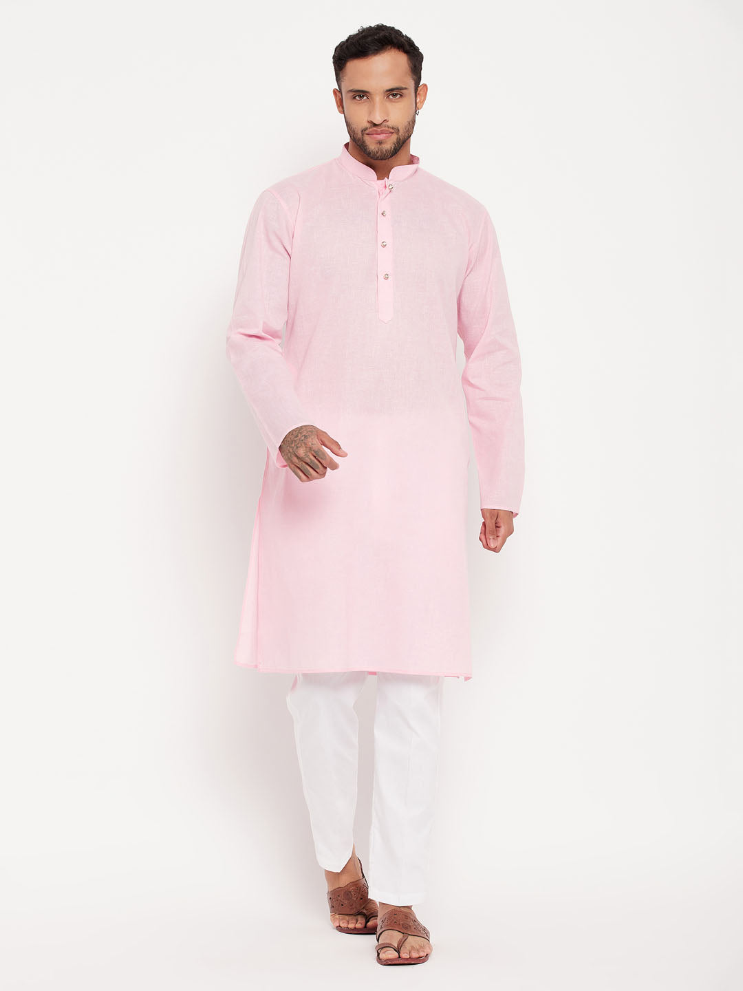 Men's Pink And White Cotton Kurta Pyjama Set