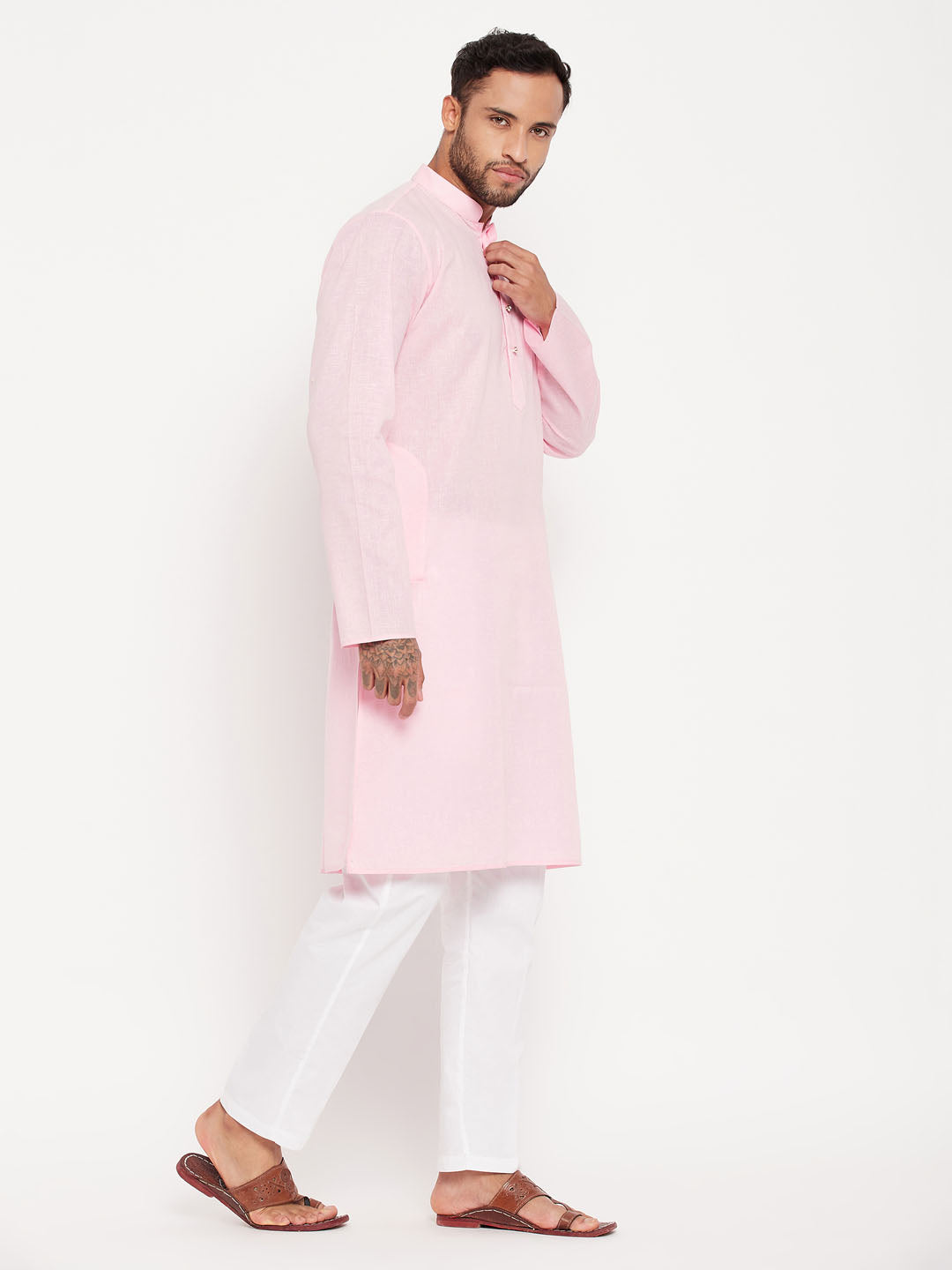 Men's Pink And White Cotton Kurta Pyjama Set