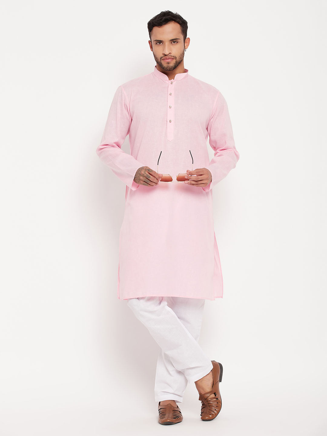 Men's Pink And White Cotton Kurta Pyjama Set