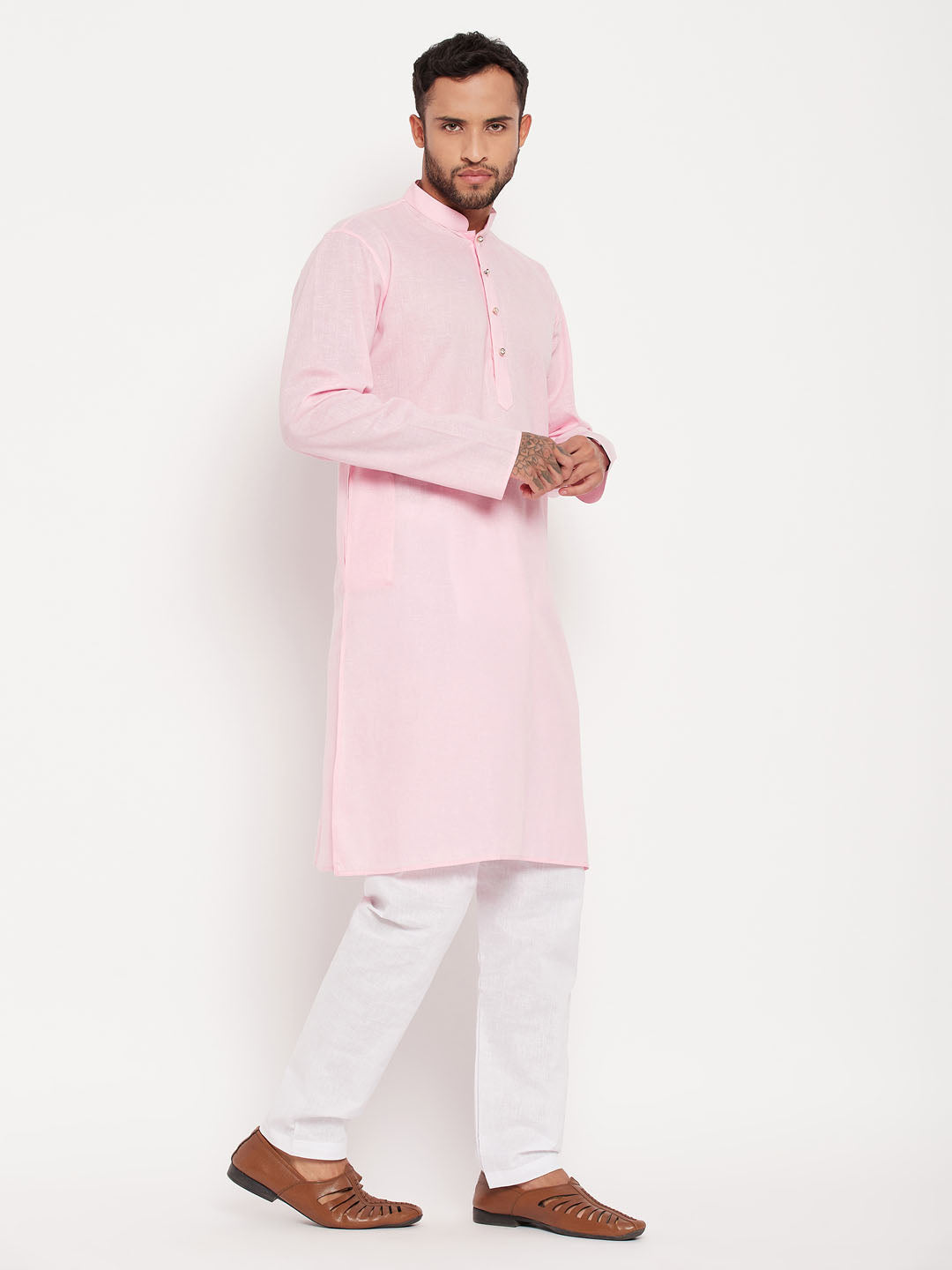 Men's Pink And White Cotton Kurta Pyjama Set