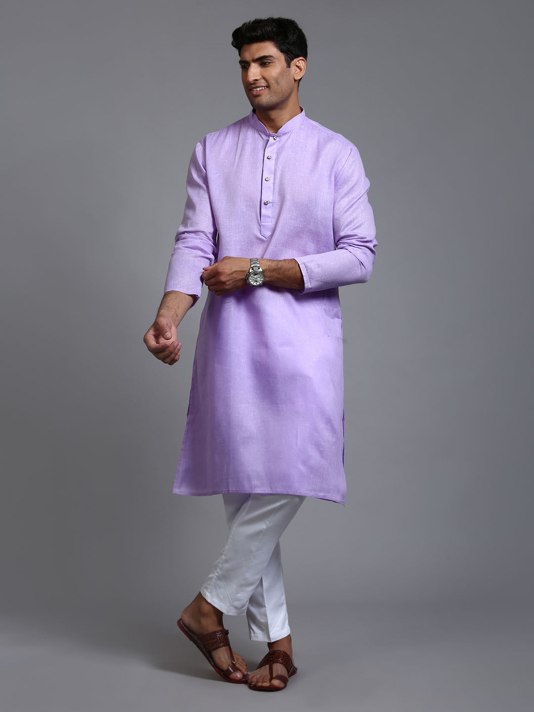 Men's Purple And White Cotton Kurta Pyjama Set