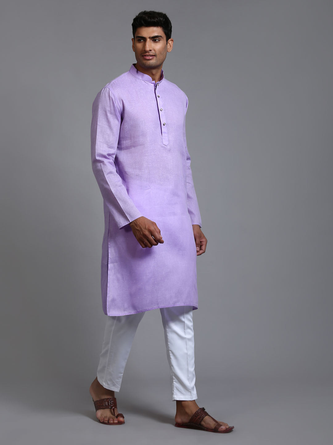 Men's Purple And White Cotton Kurta Pyjama Set