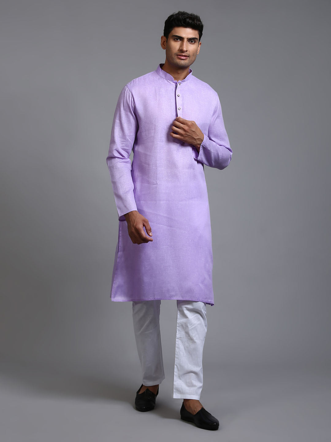 Men's Purple And White Cotton Kurta Pyjama Set