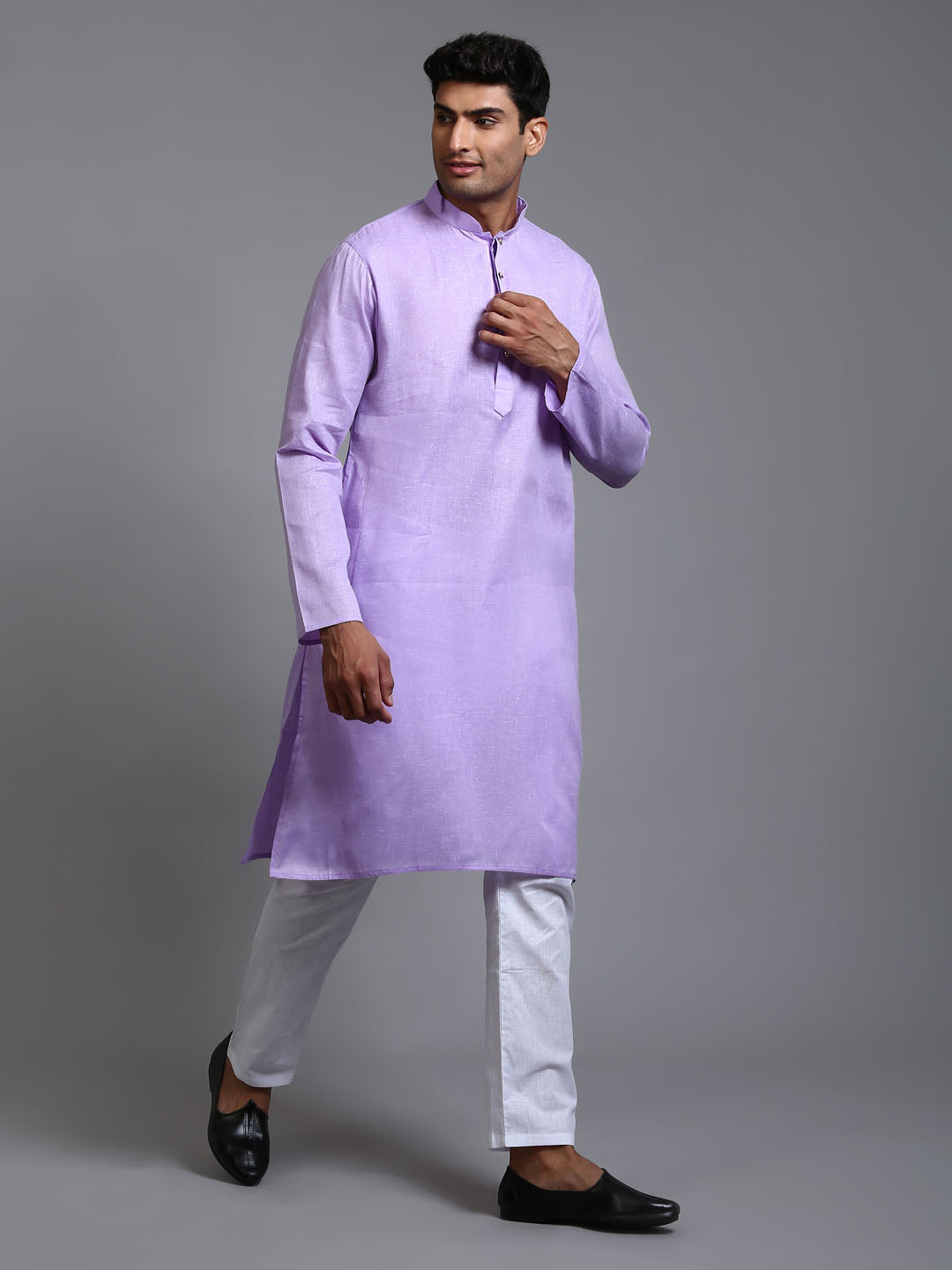 Men's Purple And White Cotton Kurta Pyjama Set