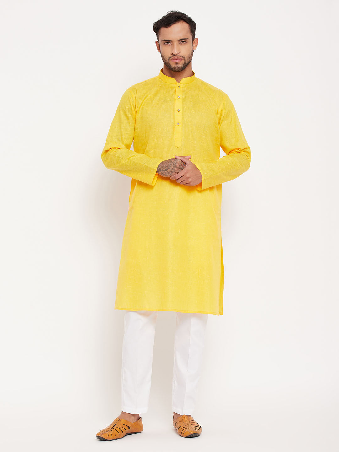 Men's Yellow And White Cotton Kurta Pyjama Set