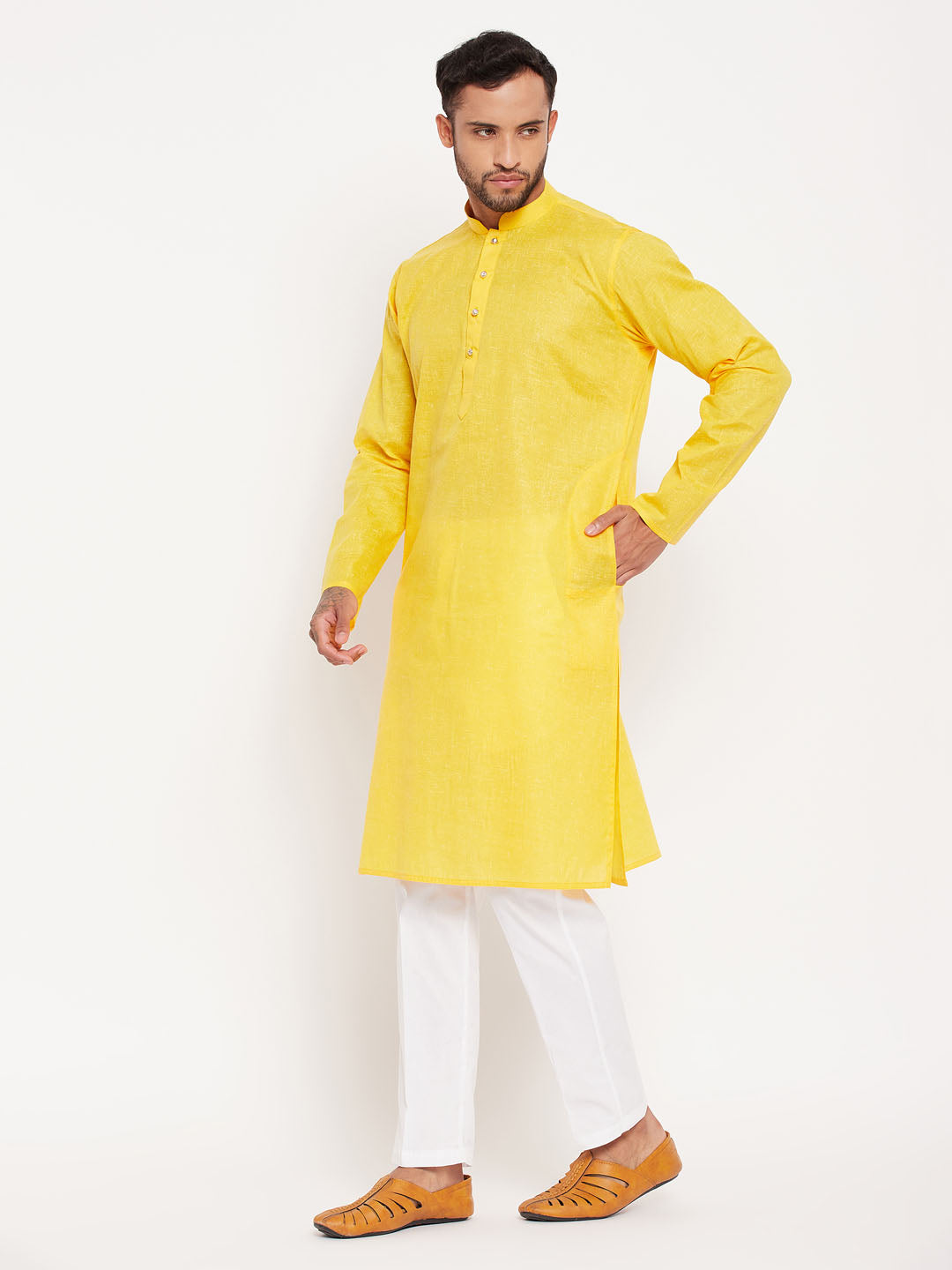 Men's Yellow And White Cotton Kurta Pyjama Set