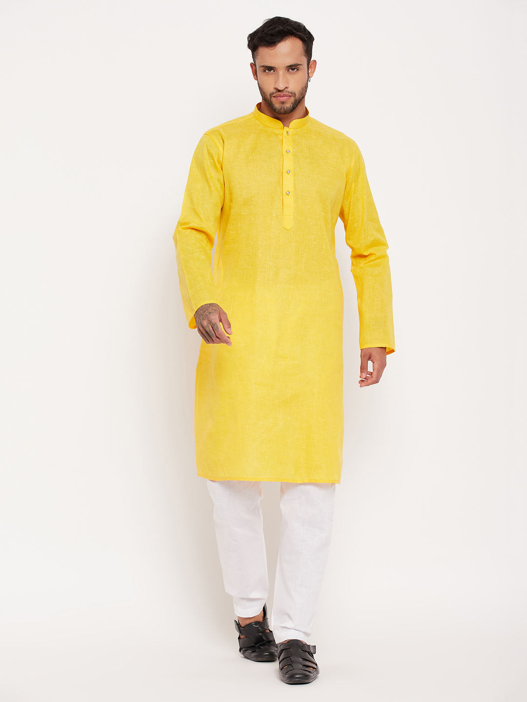 Men's Yellow And White Cotton Kurta Pyjama Set