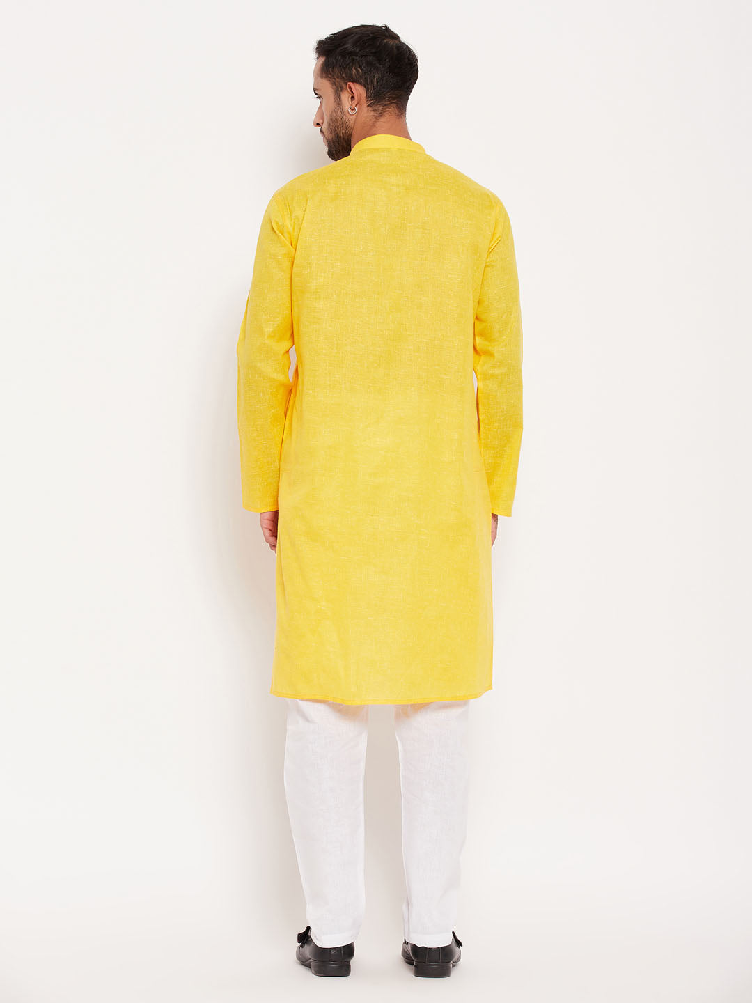 Men's Yellow And White Cotton Kurta Pyjama Set