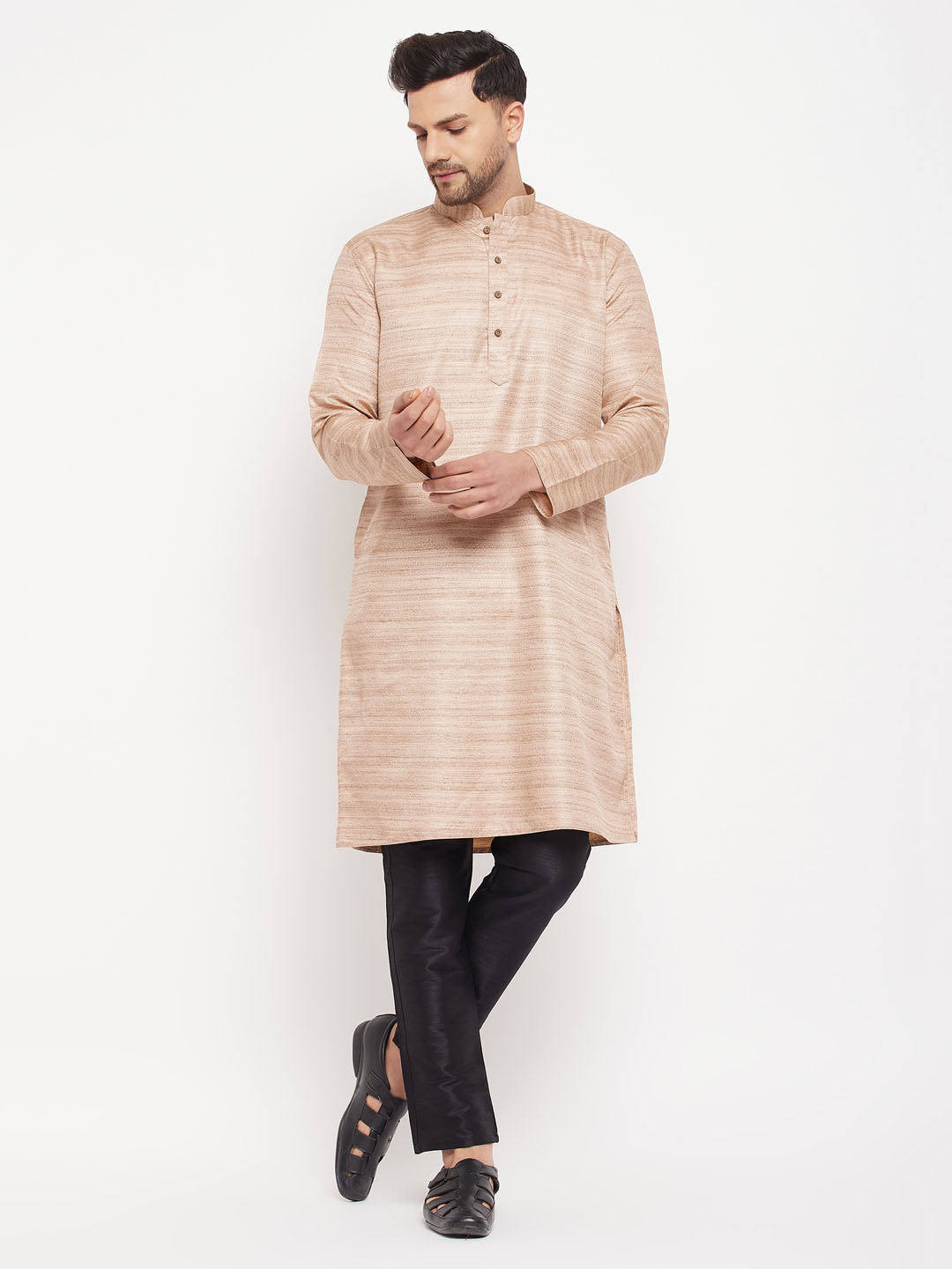 Men's Beige And Black Silk Blend Kurta Pyjama Set