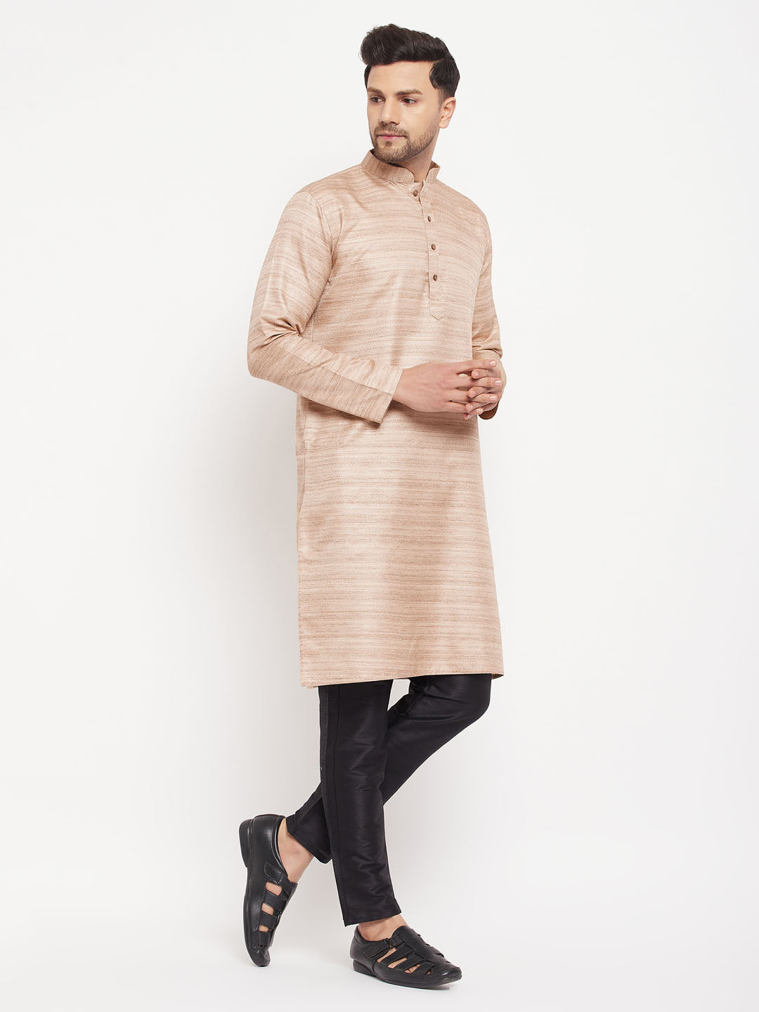 Men's Beige And Black Silk Blend Kurta Pyjama Set