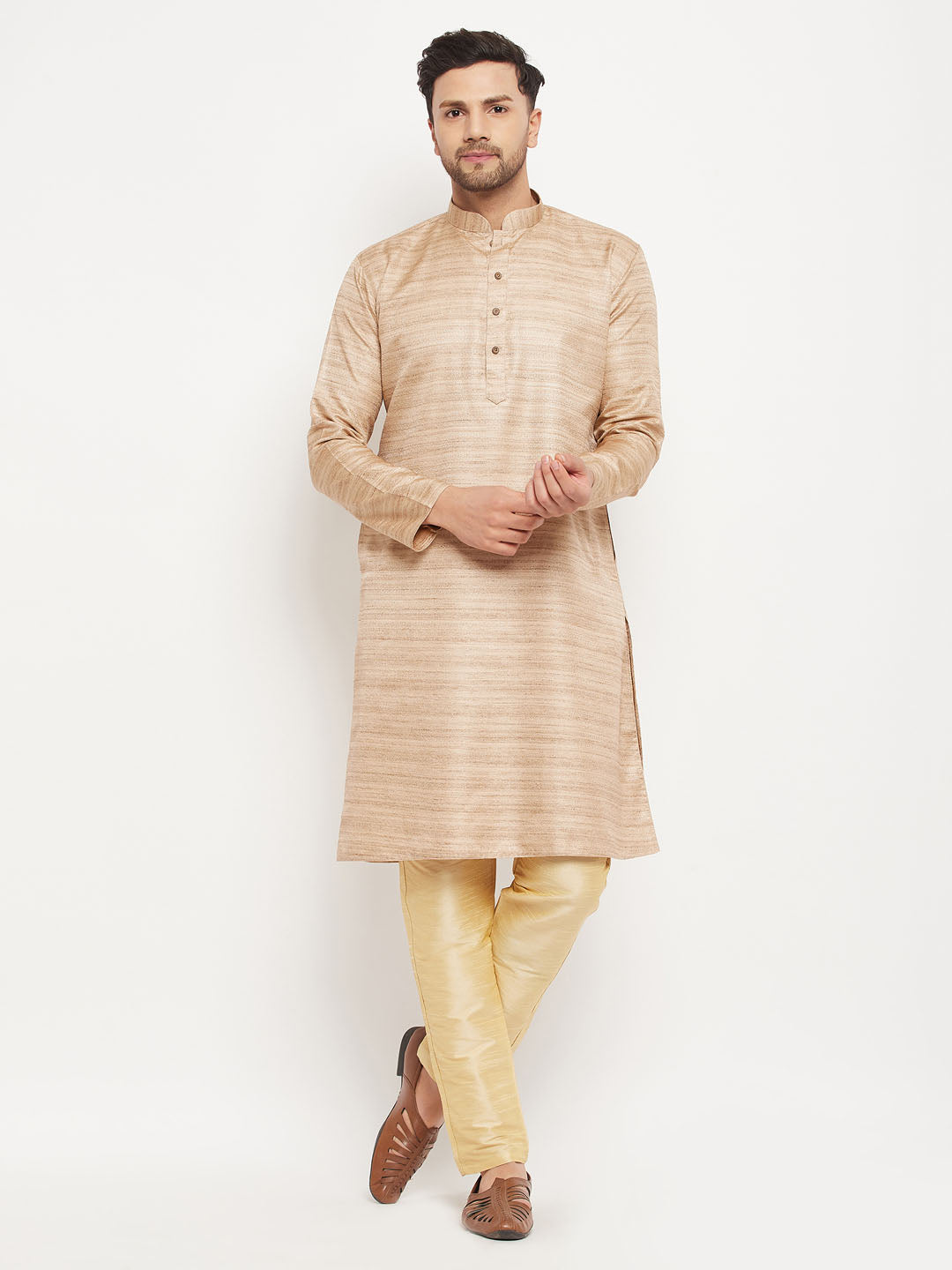 Men's Beige And Gold Silk Blend Kurta Pyjama Set