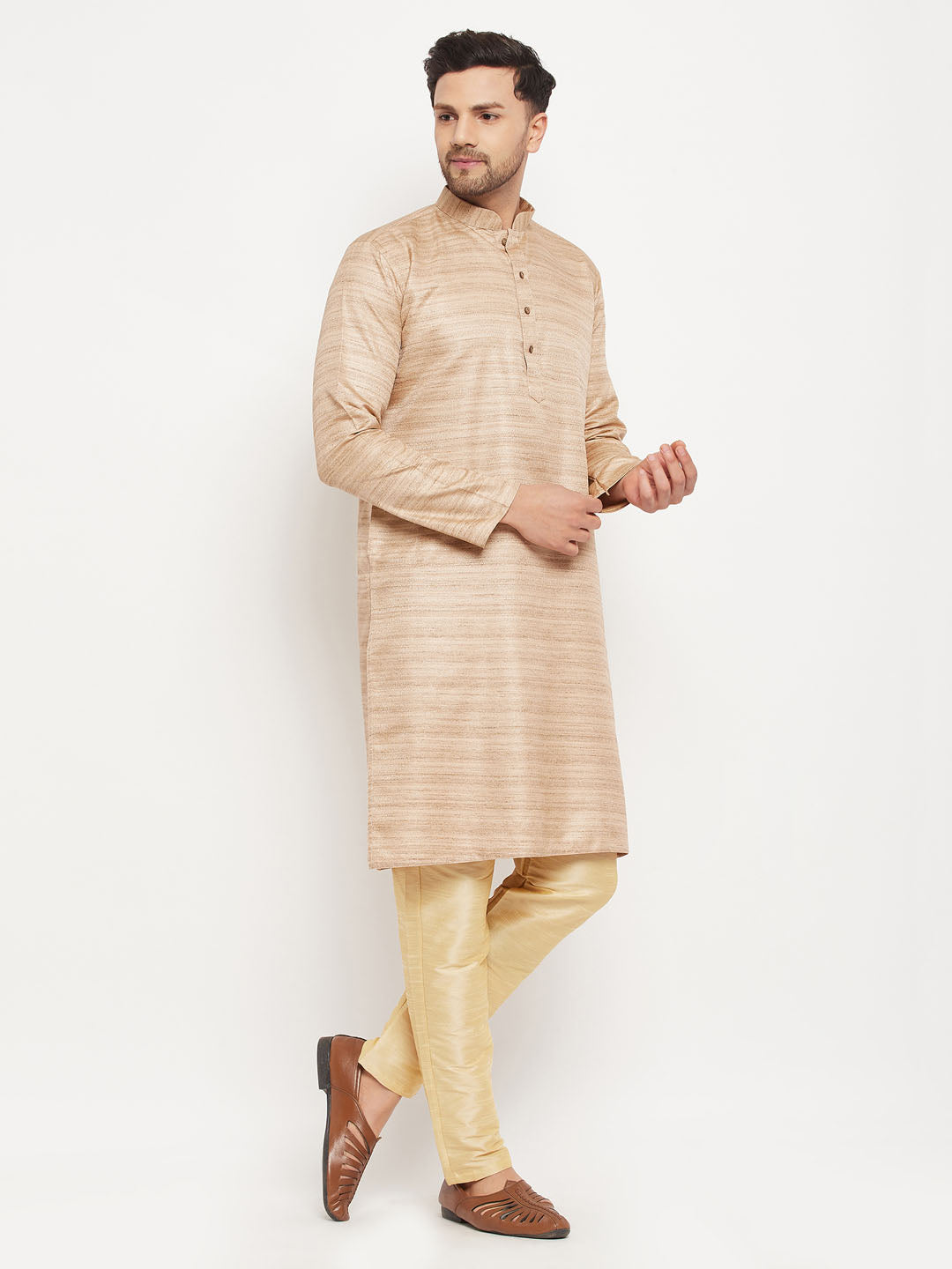 Men's Beige And Gold Silk Blend Kurta Pyjama Set