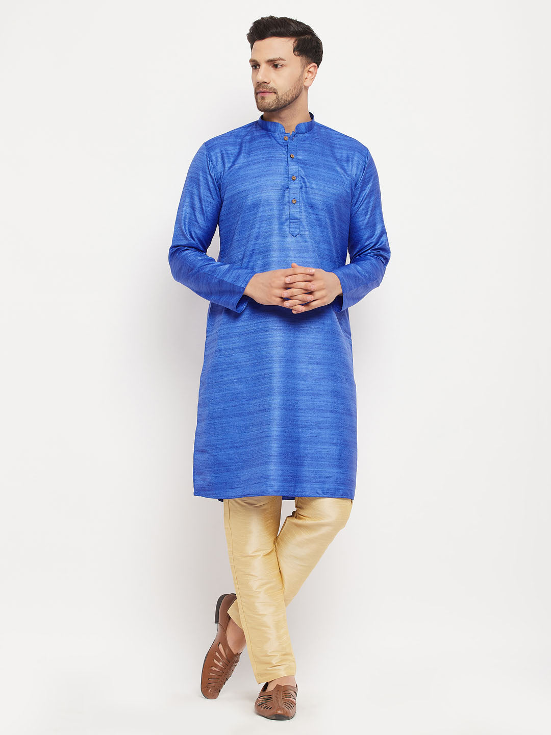 Men's Blue And Gold Silk Blend Kurta Pyjama Set