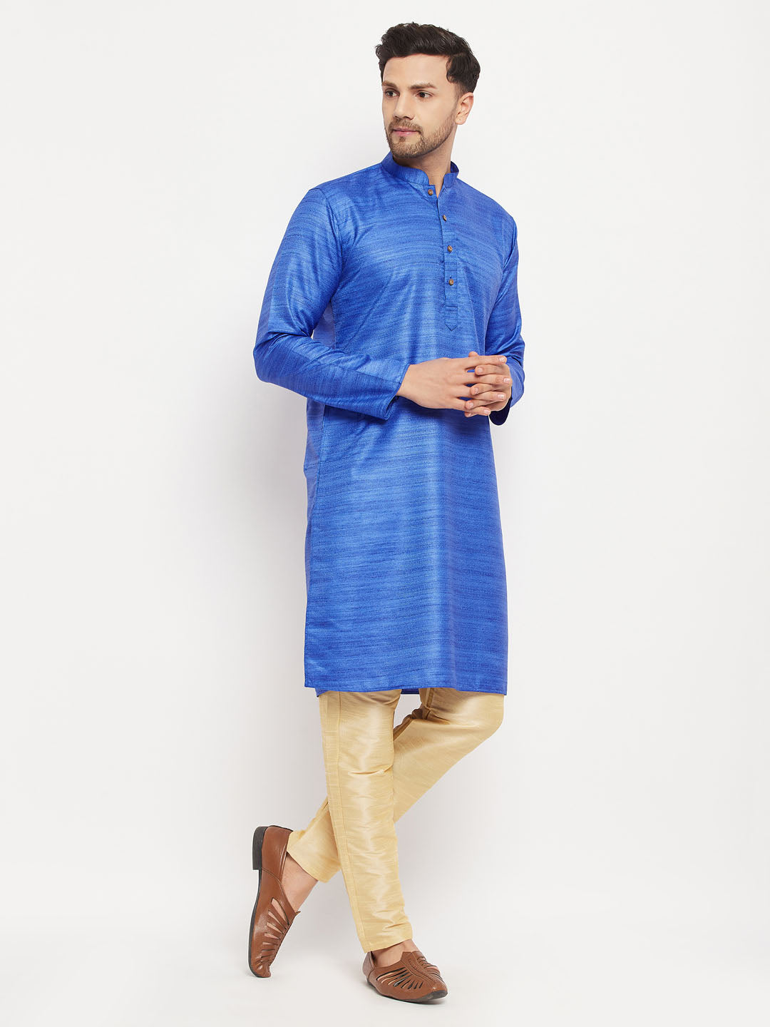 Men's Blue And Gold Silk Blend Kurta Pyjama Set