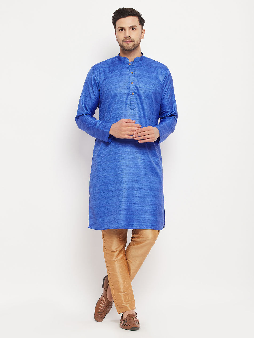 Men's Blue And Rose Gold Silk Blend Kurta Pyjama Set