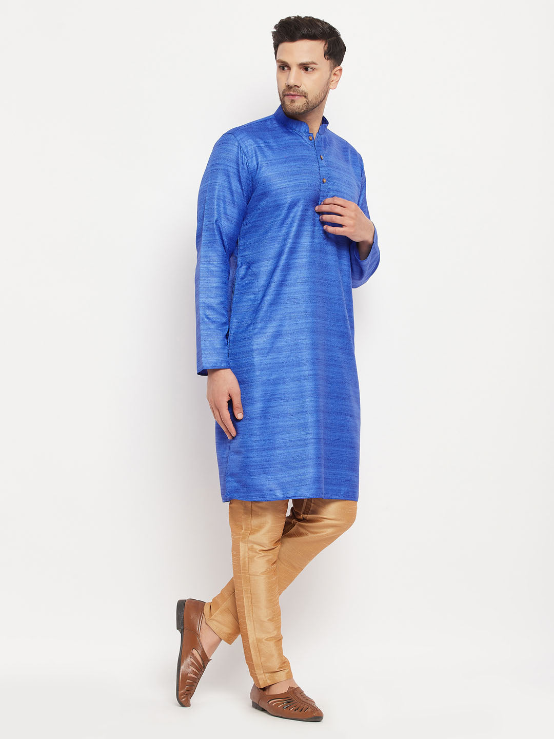 Men's Blue And Rose Gold Silk Blend Kurta Pyjama Set