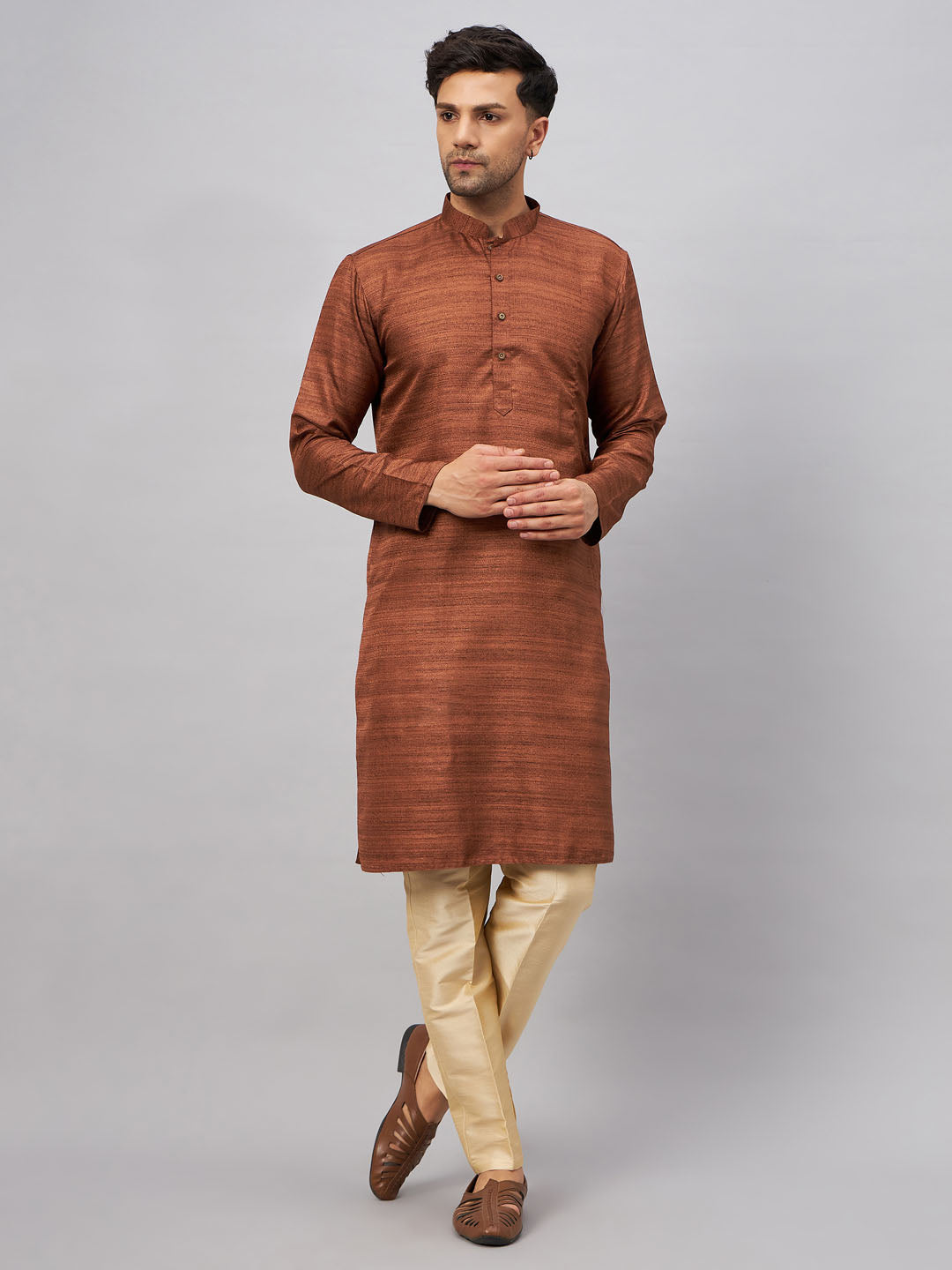 Men's Coffee And Gold Silk Blend Kurta Pyjama Set