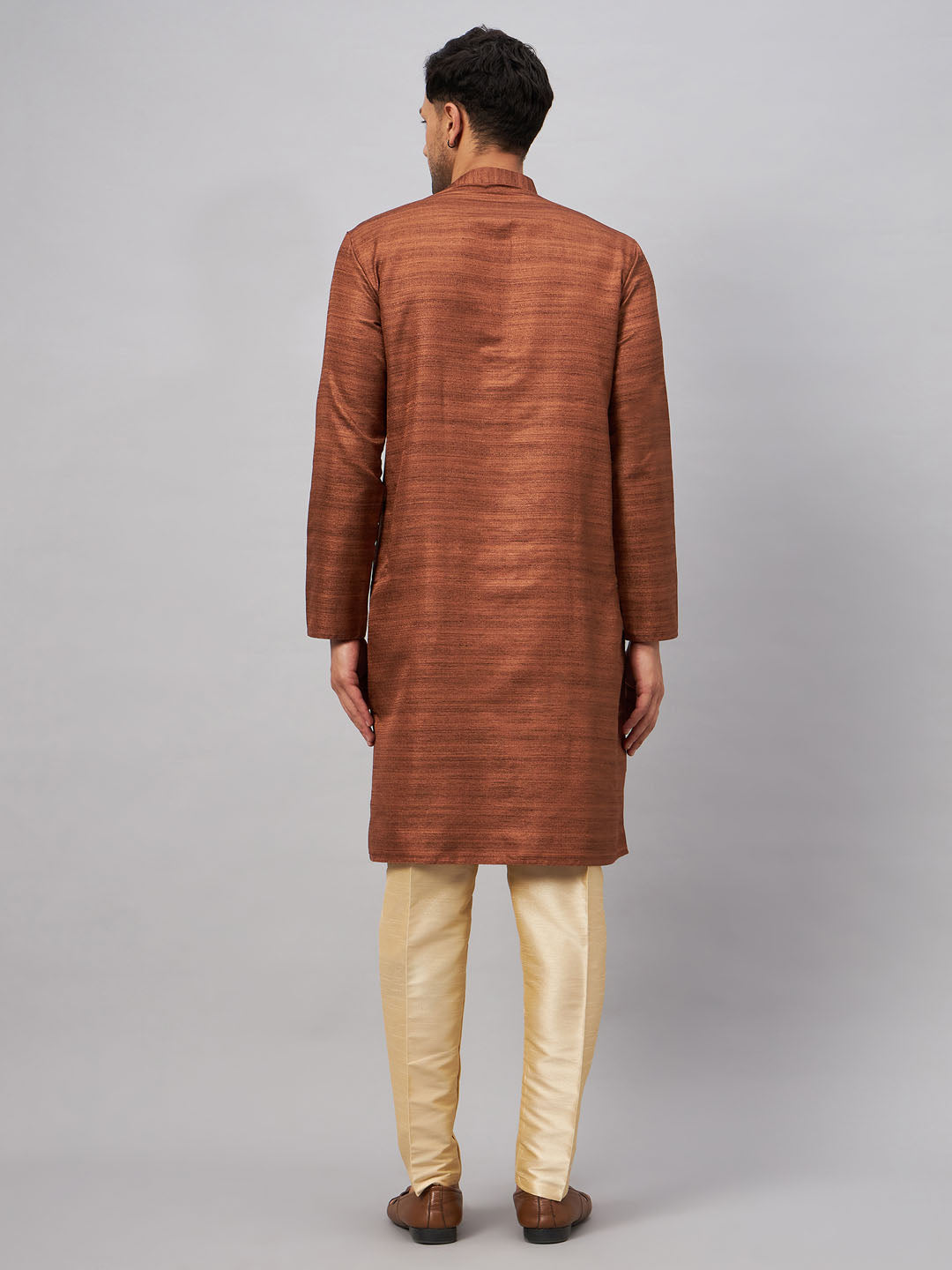 Men's Coffee And Gold Silk Blend Kurta Pyjama Set