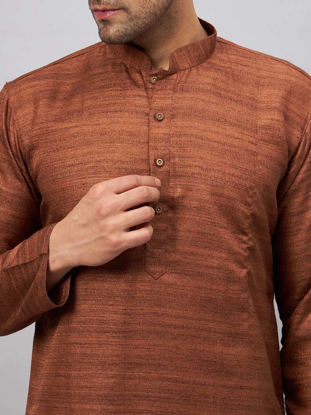 Men's Coffee And Gold Silk Blend Kurta Pyjama Set