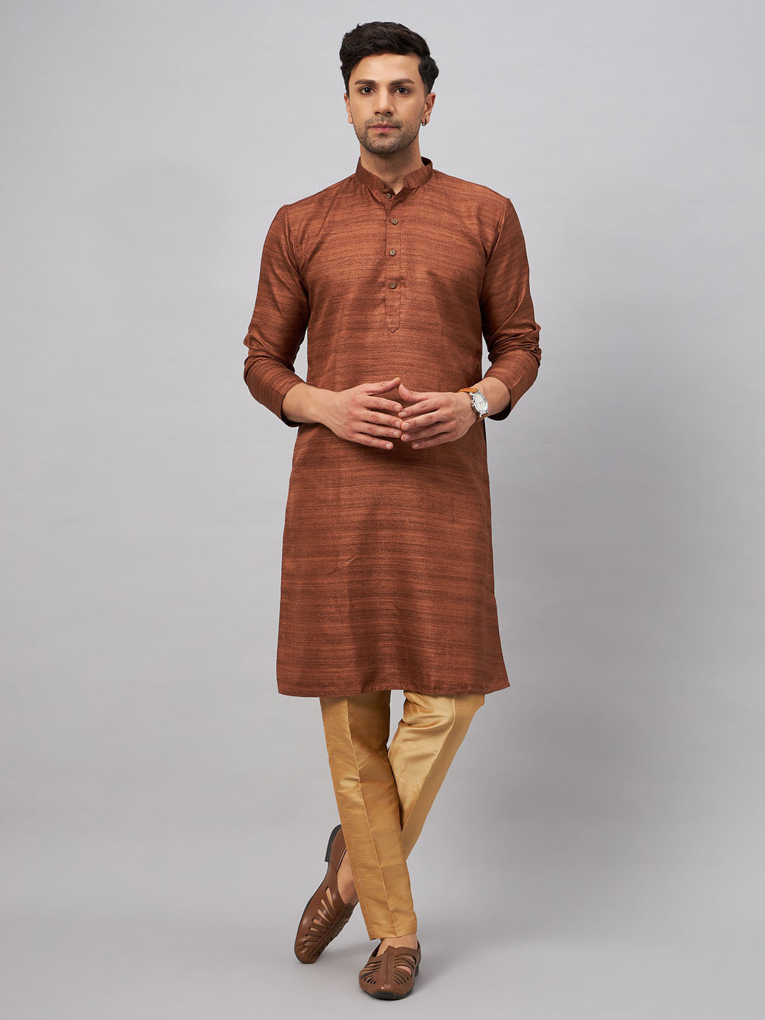 Men's Coffee And Rose Gold Silk Blend Kurta Pyjama Set