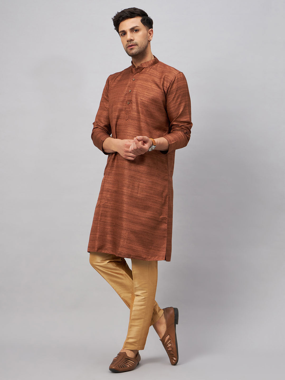 Men's Coffee And Rose Gold Silk Blend Kurta Pyjama Set