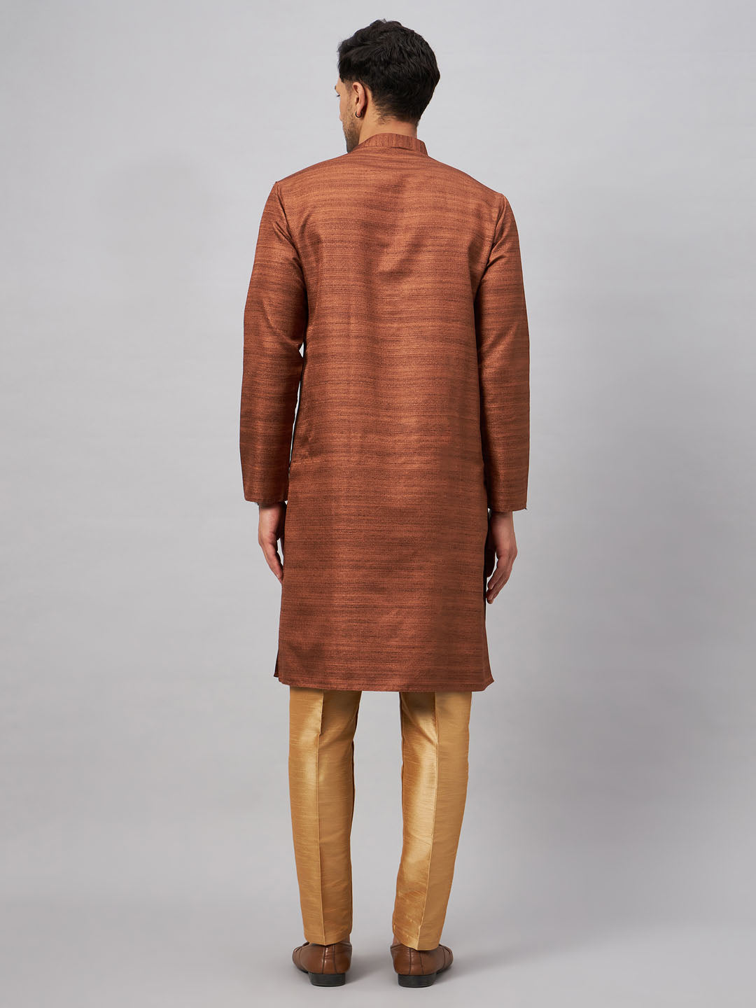 Men's Coffee And Rose Gold Silk Blend Kurta Pyjama Set