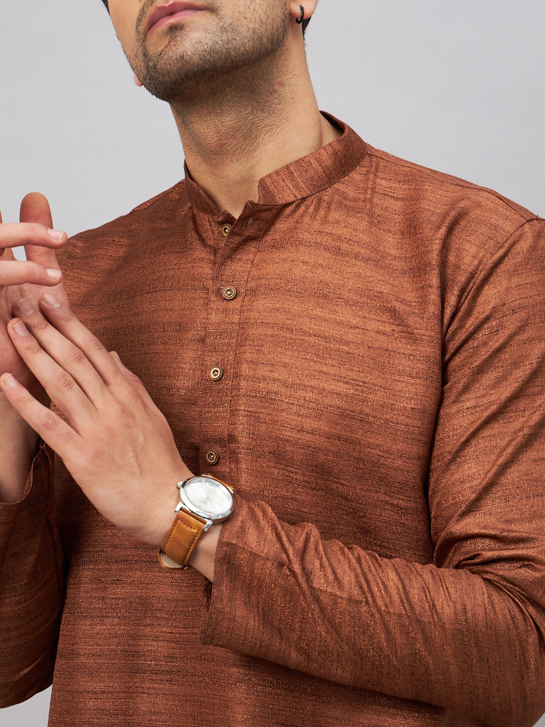 Men's Coffee And Rose Gold Silk Blend Kurta Pyjama Set