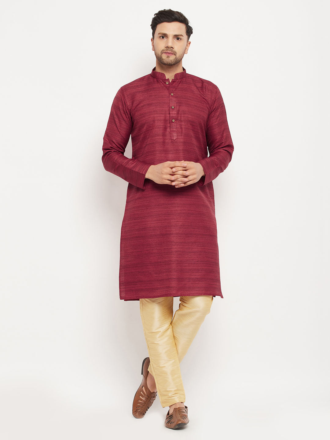 Men's Maroon And Gold Silk Blend Kurta Pyjama Set