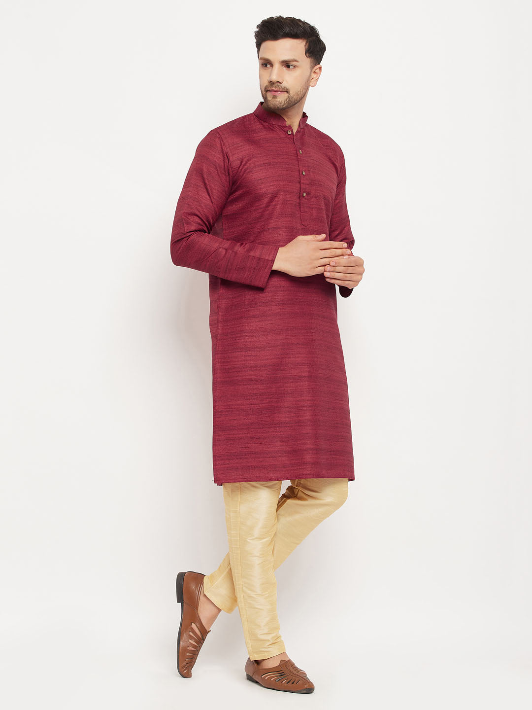 Men's Maroon And Gold Silk Blend Kurta Pyjama Set