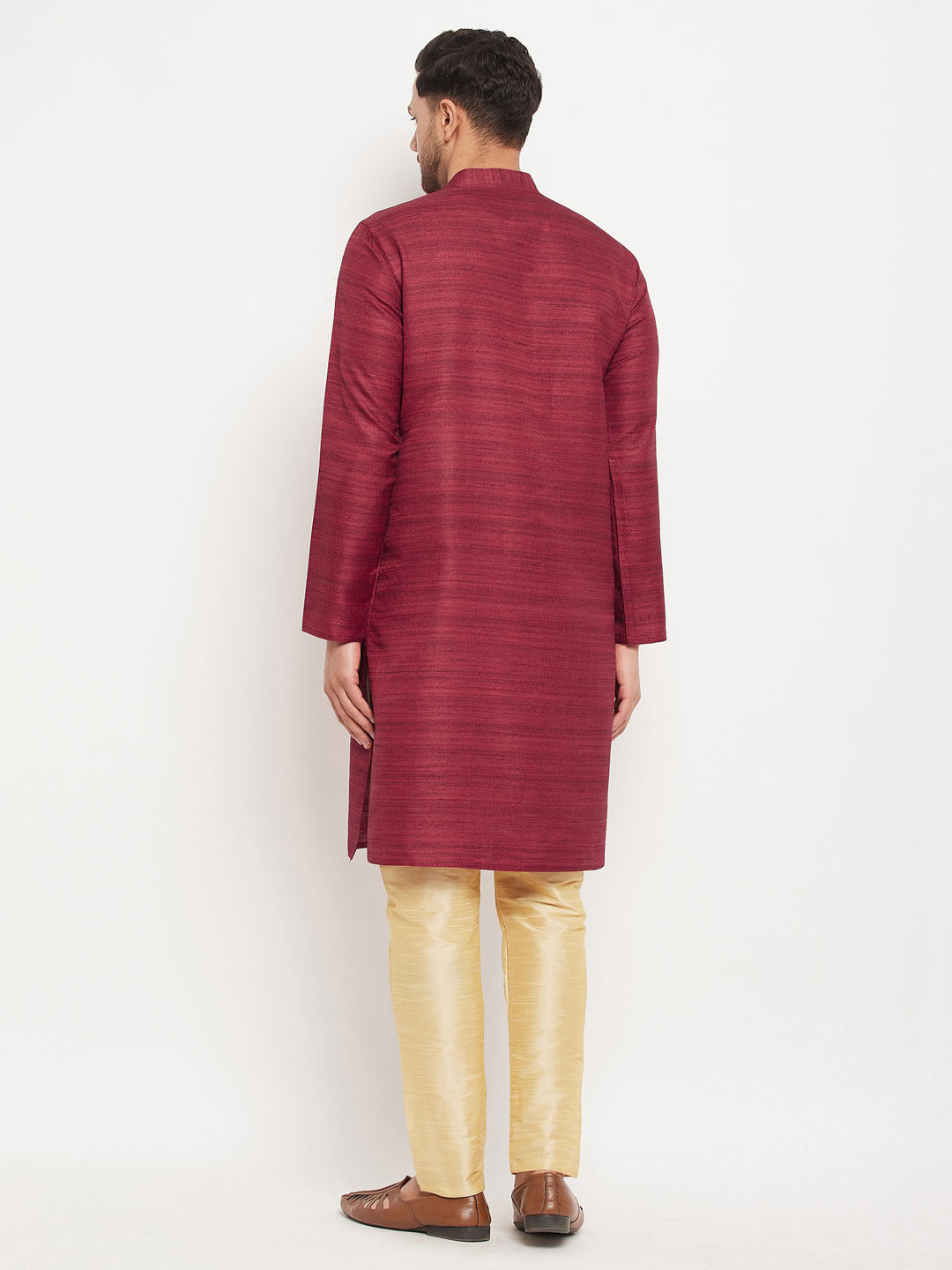 Men's Maroon And Gold Silk Blend Kurta Pyjama Set