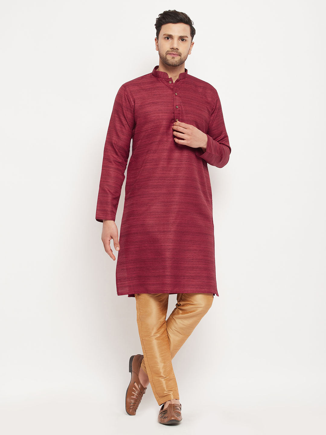 Men's Maroon And Rose Gold Silk Blend Kurta Pyjama Set