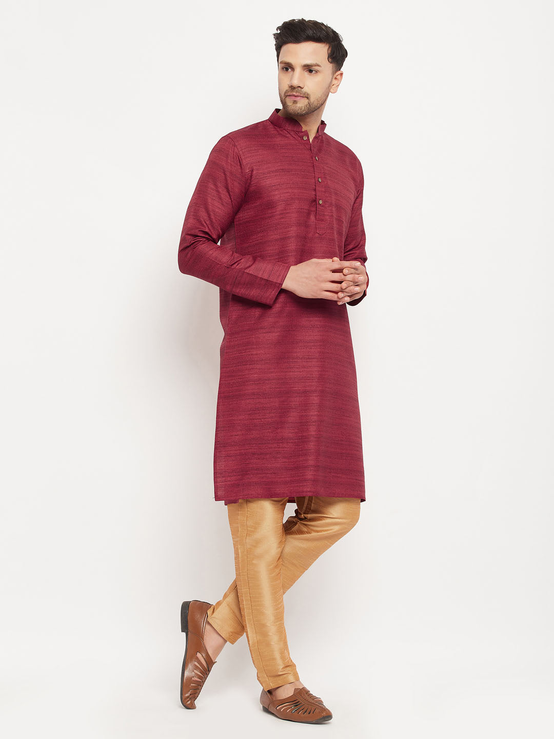 Men's Maroon And Rose Gold Silk Blend Kurta Pyjama Set